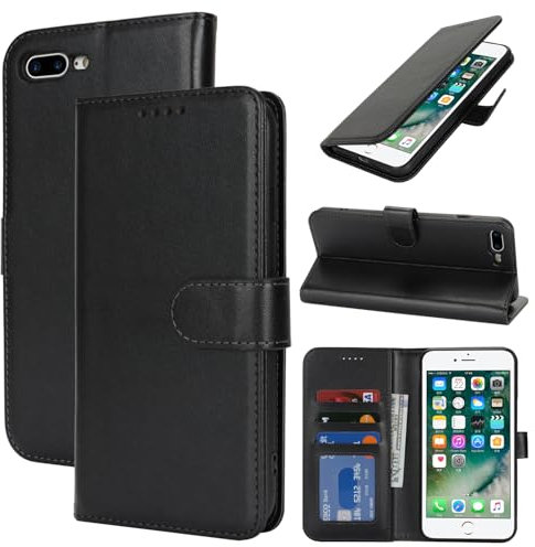 Zouzt Hülle für iPhone 8 Plus / 7 Plus 5,5-Zoll, Stoßfestes PU Leder Handyhülle Lederhülle Klapphülle mit Kartenhalter und Standfunktion Flip Leather Wallet Phone Cover (Schwarz)