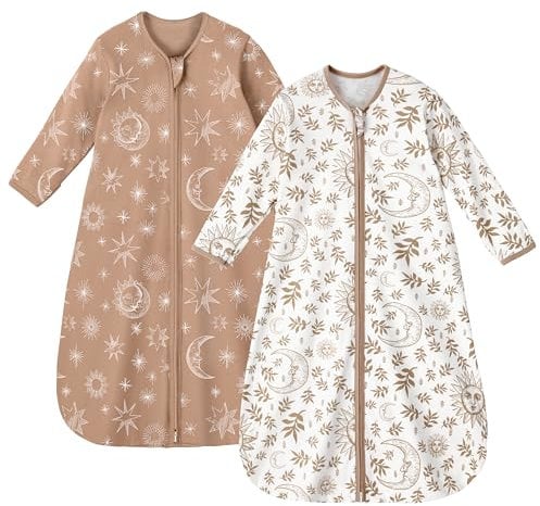 Unnivoll Baby Sleeping Bag 0.5 Tog 12-18 Months Long Sleeve Summer Sleep Sack 2 Pack 100% Cotton Baby Sleep Bag Wearable Blanket for Newborn Infant White Brown Sun
