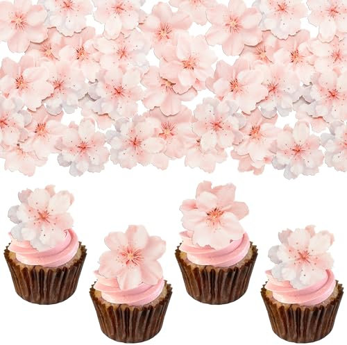 Gyufise 54Pcs Edible Cherry Blossoms Cake Decorations Edible Cherry Blossoms Cupcake Toppers Wafer Paper Flowers Cake Toppers for Baby Shower Kids Birthday Party Cake Food Decorations Supplies Pink