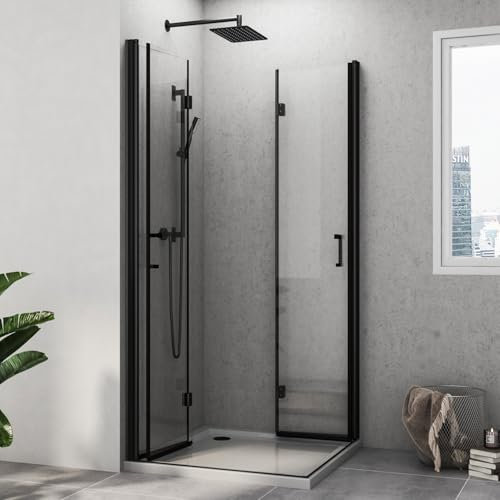 Duschkabine 100x100,Falttür Eckeinstieg Duschwand Drehfalttür Dusche 180º Duschtür Duschabtrennung 6mm Nano-Beschichtung ESG Glas 195cm,Schwarz