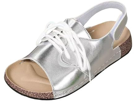 Générique Stivali al ginocchio in pelle Tacco sandali da spiaggia romani alla moda con tacco basso e cinturino con suola piatta e punta quadrata da donna Schermatura Tacco 4 cm, argento, 37 EU Large