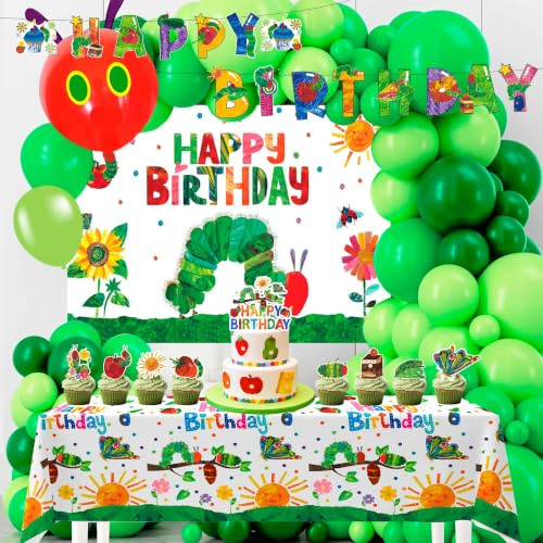 Raupe Motto Geburtstag Deko Set,92 Stück Hungry Caterpillar Deko Zubehör mit Banner Ballons Geburtstagstischdecke DIY Karte Bunte Raupen Mottoparty Dekoration für Deko Kindergeburtstag