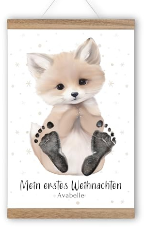 Mein erstes Weihnachten – Baby Fußabdruck Poster Set – personalisiert mit Namen – Weihnachtsgeschenk für Babys & Erinnerung - inkl. Stempelkissen (Fuchs, DIN A3 | Kind ab ca. 6 Monate)