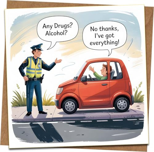 Divertida tarjeta de cumpleaños para él o ella, broma de coche de control policial, 145 mm x 145 mm, sobre kraft incluido