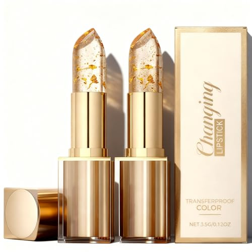 2PCS Colour Changing Lipstick PH Adjusting Lipstick Magic Color Changing with Gold Foil, PH & Temperature Activated, Transfer-Proof & 24H Hydrating Lip Balm, Glossy Shine for Women