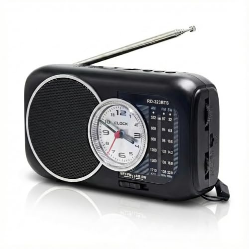 SODANY Radio Portátil Pequeña AM/FM/SW con Altavoz Bluetooth, Diseño Retro con Reloj Analógico, Batería Recargable 1200mAh, Reproductor MP3 USB/TF, Carga Tipo-C, Mini Radio Vintage para Cocina y Hogar