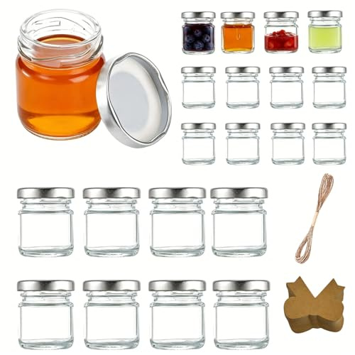Ksnowqi 20 Pièces 50ml Mini Pots à Miel en Verre, Mini Pot Confiture avec Couvercle, Mini Bocaux en Verre Transparent, Petit Pot de Miel pour épices, Cadeaux de Fête de Mariage