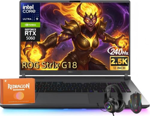 ASUS ROG Strix G18 Gaming Laptop, Intel Core Ultra 9 275HX, GeForce RTX 5060, 2.5K 240Hz/3ms Nebula, 32GB DDR5, 1TB SSD, Backlit KB, Wi-Fi 7, Windows 11 Pro, W/Headset e Mouse Set