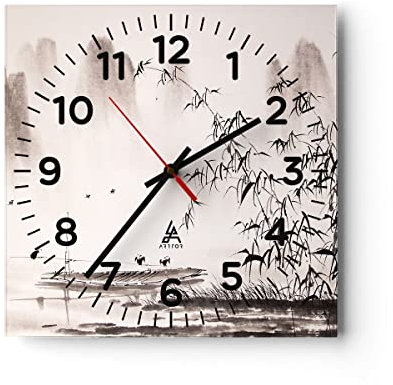 Modern Wanduhr Bambus schwarz China 40x40cm Quadrat Groß Wand Uhr Glas Analog Zimmeruhren Küche Büro Wohnzimmer Glasuhr Wall Clock Dekoration Design Wanddekoration Küchenuhr C4AC40x40-3116