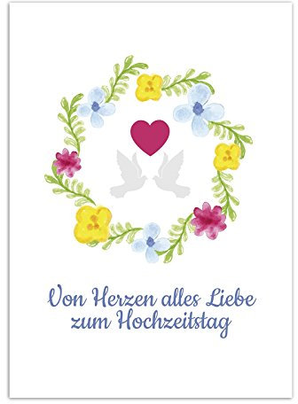 Einladungskarten Manufaktur Hamburg Glückwunschkarte zur Hochzeit/Motiv: Bunter Blumenkranz mit Tauben/mit Umschlag/Hochzeitskarte/Glückwunsch Karte