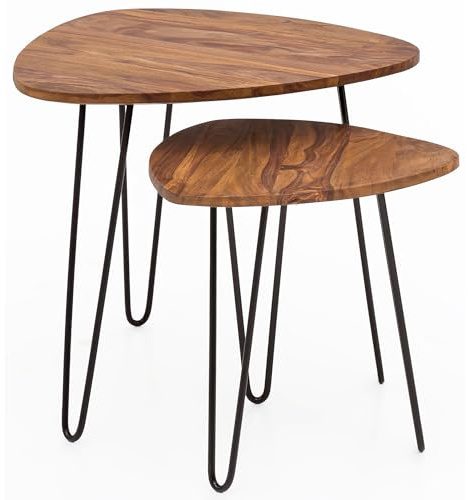 FineBuy Satztisch 2er Set Sheesham Massivholz Metall Braun | Beistelltische im Industrial Design, Couchtisch Set aus Echtholz, handgefertigte Unikate, ineinander schiebbar