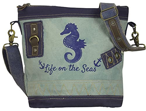 Sunsa Damen Maritim Umhängetasche. Crossover Bag aus Canvas & Leder. Kleine Vintage Stil Tasche als praktische Geschenkidee für Frauen/Mädchen. Damentaschen mit Seepferd Aufdruck