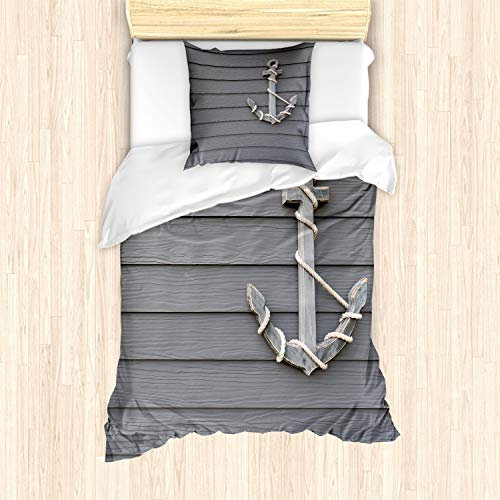 ABAKUHAUS Anker Bettbezug Set für Einzelbetten, Antike Wand Navy Natur, Milbensicher Allergiker geeignet mit Kissenbezug, Grau