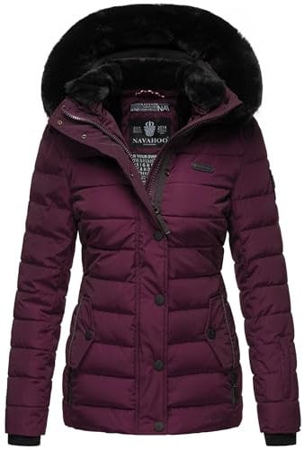 Navahoo Damen warme Winter Steppjacke mit Abnehmbarer Kunstfell-Kapuze Milianaa Aubergine Gr. M