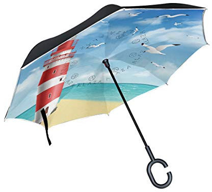 HMZXZ RXYY Winddicht Doppelt Schicht Falten Invertiert Regenschirm Meer Strand Leuchtturm Vogel Wasserdicht Umkehren Regenschirm für Regen Schutz Wagen Reise Draussen Men Women