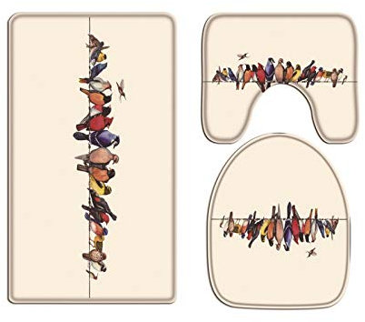 A.Monamour Badezimmer Badematte 3 Teilig Set Aquarell Bunte Vögel Flanell WC Toilette Deckel Deckt Bad Matte Teppich Badteppiche Badvorleger Badgarnitur Vorleger