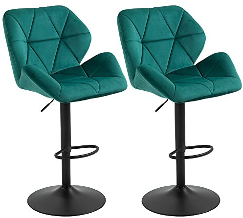 HOMCOM Bar Stools Set Of 2, Luxurious Velvet-Touch Barstools with Metal Frame Footrest Round Base Triangle Indenting Moulded Seat Adjustable Height Swivel Green