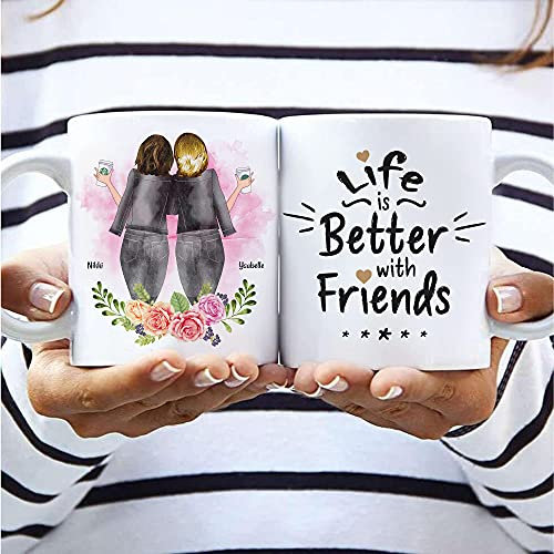 Personalisierte Tasse mit zwei Freundinnen | Individuelles Geschenk für die beste Freundin, Schwester und Mutter mit anpassbarem Design (Blumen)