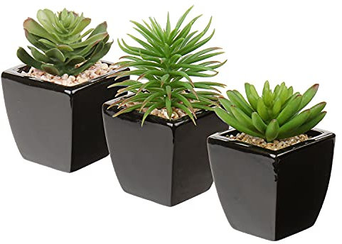 Lot de 3 Plantes Artificielles Succulentes Artificielles en Pot en Céramique, Succulentes Artificielles Mini Plantes Artificielles en Pot pour Salle de Bain Étagère Cuisine Patio, Hauteur 11,5 cm