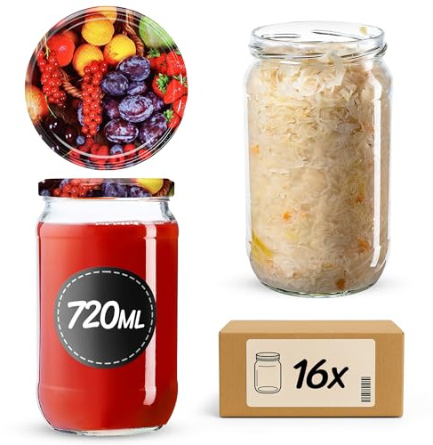 KADAX 16er Set Einmachgläser 720ml TO82 Obst, Große Sturzgläser mit Schraubdeckel, Einkochgläser Fermentierglas für Gurken, Gemüse, Sauerteig