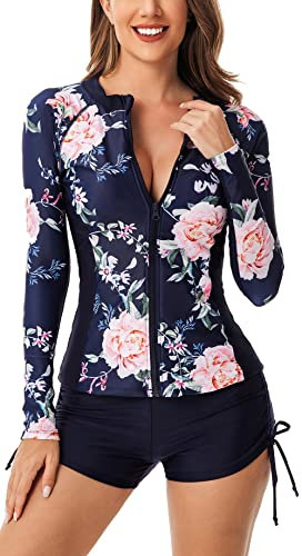 SEAUR Badeanzug Damen Zweiteiler Rash Guard Langarm UPF 50+ UV Schutz Schwimmanzug Slim Fit Sonnenschutz Bademode Shirt und Shorts - L