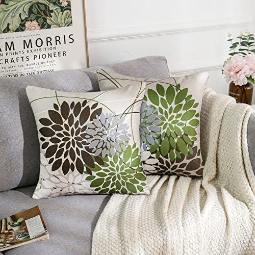 RYBornament Kissenbezug 50x50 Kissenbezüge Braun und Grün Kissenhülle Geometrisches Blumen Kissen Moderne Abstrakte Kissenbezug 2er Stück Leinen Kissenhüllen Für Wohnzimmer Garten Kissen Dekor