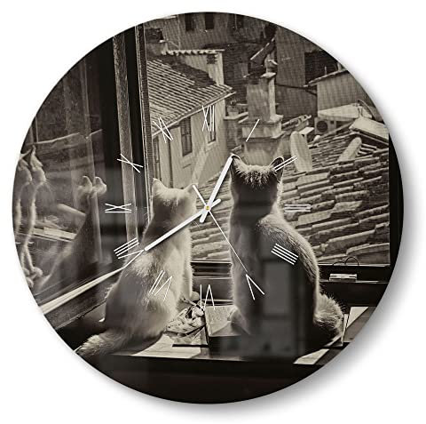 DEQORI Reloj de cristal, redondo, diámetro de 50 cm, diseño de gatos en el alféizar de la ventana, reloj grande XXL de diseño de cristal | silencioso reloj de pared para salón y cocina | moderno reloj