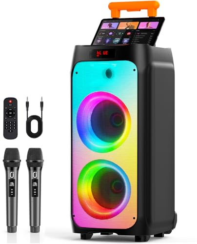 HWWR Karaoke Machine with 2 Wireless Microphones for Adults, Powerful Bluetooth Speaker with 8 Subwoofer, PA System with DJ Lights, Ideal for Outdoor Parties