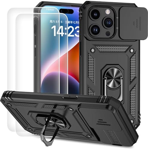 Dechyi Cover per Iphone 15 Pro 6.1 Pollici con Vetro Temperato Custodia con Scorrevole Protezione Fotocamera Custodia Rotante Anello Supporto Antiurto TPU Bumper Custodie-Nero