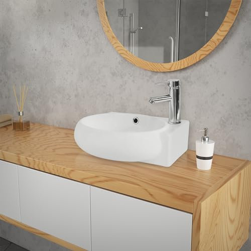 ML-Design Waschbecken aus Keramik in Weiß, 43x28x15 cm, Oval, klein, Hahnloch rechts, Wandmontage oder Aufsatzwaschbecken, Moderne Waschtisch Waschschale Waschplatz Handwaschbecken, für Badezimmer