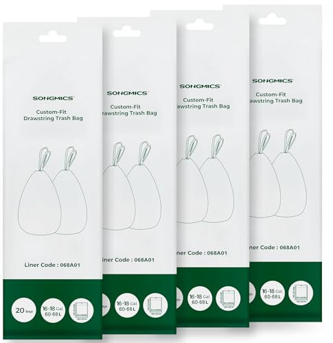 SONGMICS Trash Bags, Compatible Trash Can 18 Gallon, 80 Count Drawstring Kitchen Garbage Bags, 25.8 x 37.4 Inches, 4 Rolls,White UKRB068A02