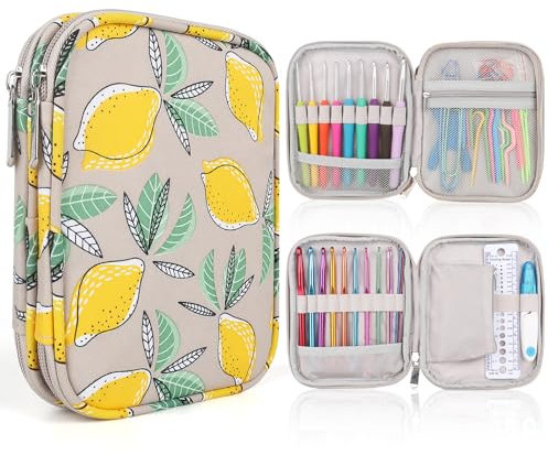Aeelike Gelbe Zitrone Häkelnadel-Etui, Praktisch Häkeltasche Organizer mit Doppeltes Aufbewahrungsfach, 18×14×3,5 cm, Reißverschluss-Aufbewahrungstasche für Häkelnadel, Häkelzubehör(nur Tasche)