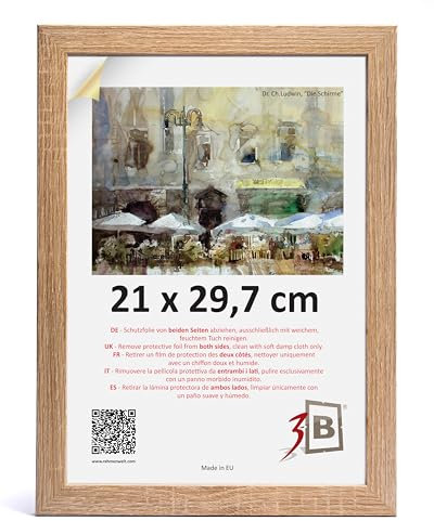 3-B Bilderrahmen HIT - Braun (Eiche mit optischer Holzmaserung) - 21x29,7 cm (A4) - Holzrahmen, Fotorahmen, Dokumentenrahmen mit Acrylglas
