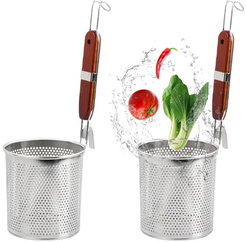 Granvoo 2 Piezas Colador de Pasta de Acero Inoxidable Microperforado, Colador Profundo de Cocina, con Gancho y Mango de Madera, para Pastas Espaguetis, Fideos, Restaurante, Cocina (Diámetro 14 cm)