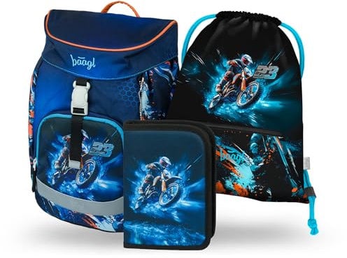 Baagl Schulranzen Jungen für 1. Klasse, Airy Schultasche Set 3-Teilig, Grundschule Schulrucksack für Kinder, Ranzen für Schule, Tornister (Motorrad)