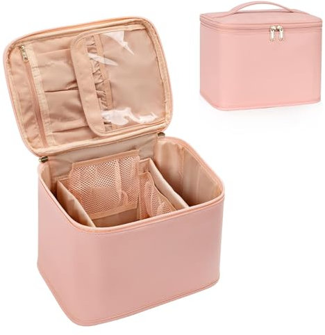 Kosmetiktasche Groß, Reise Make Up Tasche für Damen Gross Tragbarer Schminktasche Organizer mit Teiler und Griff Portable Beauty Case für Frauen (rosa)