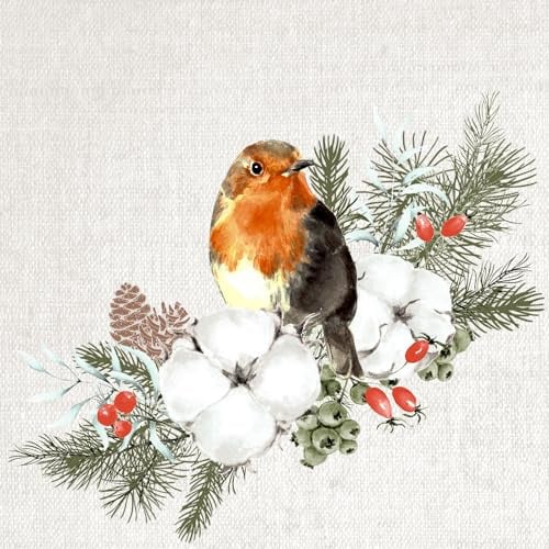 20 Servietten Weihnachten Rotkehlchen auf Winterzweig als Tischdeko. Papierservietten mit Motiv. Auch für Decoupage und Serviettentechnik 33x33cm