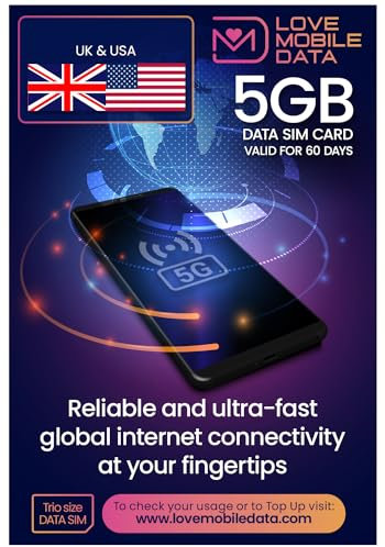 Love Mobile Data Only Sim Card - International Multi-Network 4G/5G Prepaid Pay As You Go Data Sim for Mobile Phones, WiFi Routers, & More, UK & USA Coverage, 5GB for 60 Days