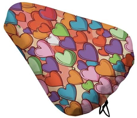 LFDSYEOQ Fahrradsitzbezug, buntes Herzmuster, Mountainbike-Sattelbezug, Regenschutz, Schutzkissen, Sattelbezug