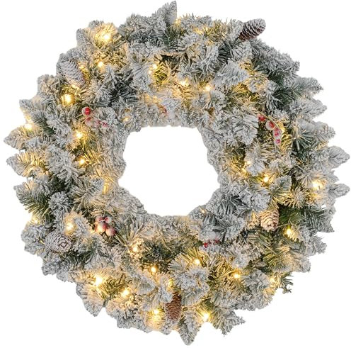 HOMCOM Weihnachtskranz 60cm Türkranz mit 50 LEDs Zapfen Timer Batteriebetrieben Weihnachten Adventskranz Künstlicher Haustür Kränze Weihnachtsdeko für Außen Innen Weihnachten Advent Haustür, Fenster