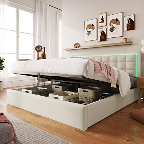 Aoskem Polsterbett Bett 160x200 cm Doppelbett, Bett mit Stauraum Underbett, LED-Kopfteil, Stauraumbett Bettgestell mit Lattenrost, Rückenlehne Funktionsbett Jugendbett, Ohne Matratze, Kunstleder Weiß