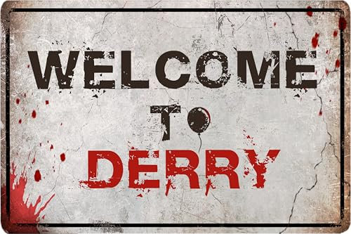 Flinelife Letrero de metal con texto en inglés Welcome To Derry, 12 x 8 pulgadas, letrero de película de terror, decoración de casa encantada, perfecto para los fanáticos de las películas de terror