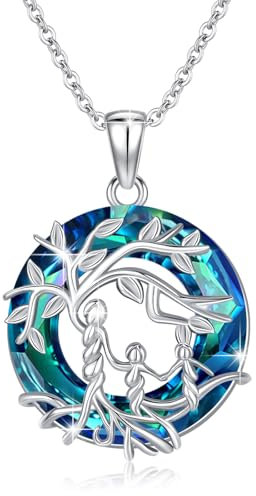 Waysles Damen Baum des Lebens Halskette 925 Sterling Silber Mutter und 2 Kinder Kette mit Kreis Kristall Lebensbaum Rund Anhänger Mama Tochter Schmuck Geschenke für Mädchen
