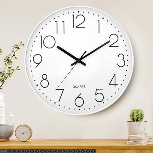 ZHHGOO Reloj de Pared Moderno y Silencioso, 30 cm Diámetro, Decorativo Redondo de Cuarzo Para Cocina, Comedor o Habitación, Blanco