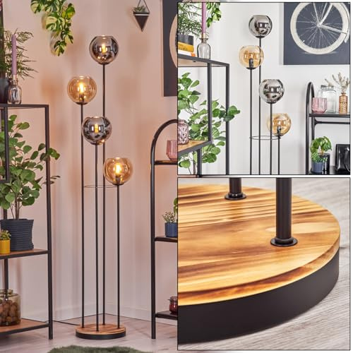 Lampadaire Koyoto HOFSTEIN, en métal/bois/verre noir/naturel/chrome/fumé/ambre, luminaire au design vintage (Ø 15 cm), interrupteur au pied, 147 cm, E14, salon, chambre à coucher, couloir, bureau