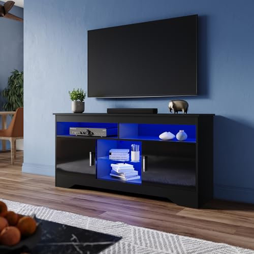 ZANOFIRA LED TV Unit Stand with RGB LED Lighted, High Gloss TV Stand with 2 Side Cabinet, Modern TV Unit with Open Shelf Storage for Living Room, 1350x350x650mm, Black