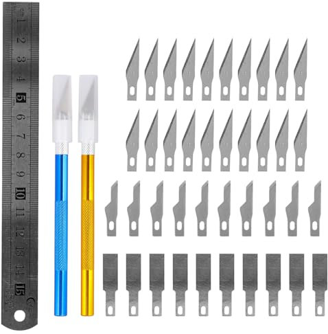 Dewocke Ensemble Couteau de Précision avec 2 Stylos Scalpel, 40 Lames de Rechange, Règle en Acier Inoxydable, Scalpel de Découpe pour Loisirs Créatifs, Sculpture, Modélisme, Bricolage