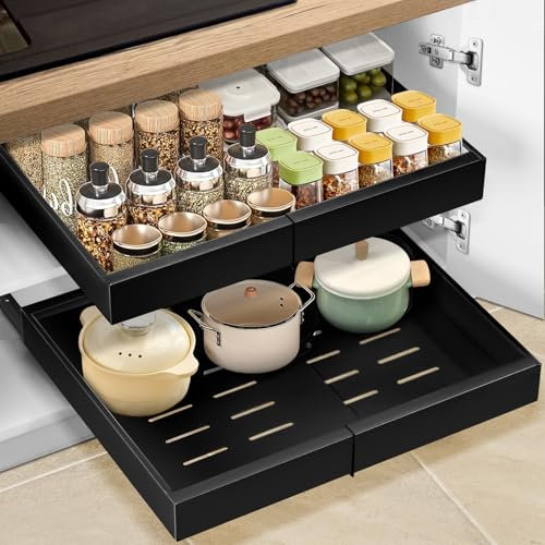 SupRovare 2 PCS Cajones Extraibles Para Cocina, Cajón Telescópico, Cajones Deslizantes Para Cocina, Bandeja Extraible Armario, Ancho Ajustable 31CM~51CM, Sin Necesidad de Taladrar(Negro)