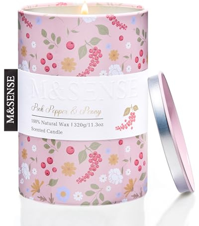 M&SENSE Duftkerze – Rosa Pfeffer-Pfingstrose (320g 70h Brenndauer) Natürliche Sojawachs-Kerze, Schadstofffrei, Saubere Verbrennung, Ideal für Zuhause, Wellness & Geschenk
