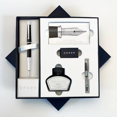 AT Cross Beverly Fountain Pen Luxury Pen Set with Ink and Converter Gift Boxed - Choose Nib Width and Colour (Black Fountain Pen Set)